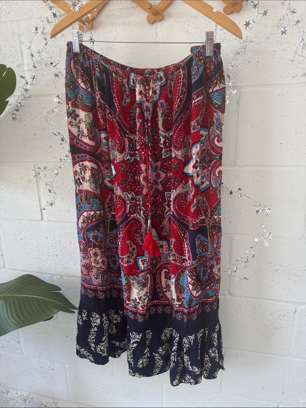 Boho Red Paisley Tiered Maxi Skirt